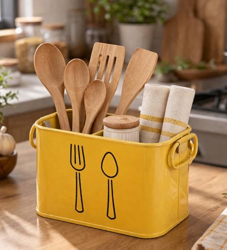 HEALTHCHOICE Metal Kitchen Utensil Holder for Countertop, Spoon & Spatula Stand, Cutlery Organizer for Ladle & Cooking Tools, Modern Kitchen Storage Container (Yellow)