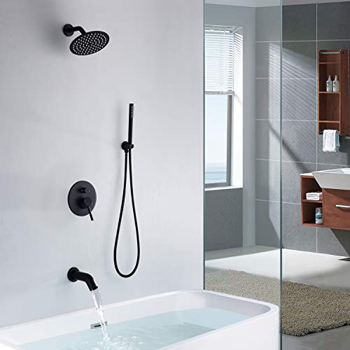 Image of Matte Black Rain Shower Systems with Waterfall Tub Spout, Shower Faucets Sets Complete with 8 Inches Rain Shower Head and Handheld