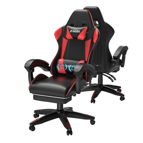bigzzia Gaming-Stuhl mit Massagefunktion und Ausziehbarer Fußstütze, Ergonomischer Drehsessel Verstellbare Rückenlehne 90-135°, Gepolstert Gamer Stuhl mit Massage-Lendenkissen und Kopfstütze, Rot