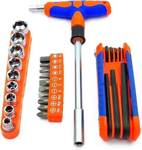 Image of Set of 25 Pcs Magnetic T-Handle Ratchet Wrench and Screwdriver Set 9 Pc x sockets, 10 Pcs x Screw driver heads Set, 1 x Allen key Set, & 1 Pc x T-Handle Wrench