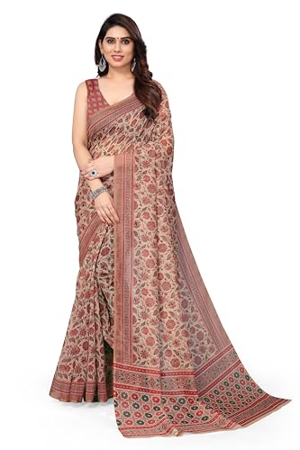 Image of MIRCHI FASHION Women Saree Ajrakh Digital Printed Cotton Blend | Lightweight Professional Office Sari with Blouse Fabric