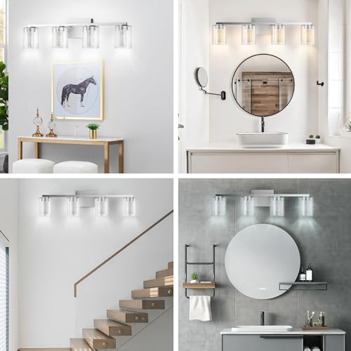 Lightania 4-Light Bathroom Light Fixtures, Dimmable 5CCT Brushed Nickel Vanity Lights, 2700K-6500K Adjustable Bathroom Vanity Light, LED Bathroom Lights Over Mirror with Crystal Bubble & Clear Glass