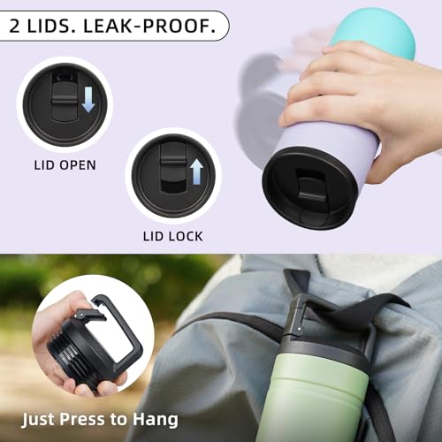 Image of BJPKPK 20 oz Insulated Travel Water Bottle, Coffee Tumbler Stainless Steel | Double Wall Vacuum, Leakproof, Thermal, Keeps Hot /Cold, Dishwasher Safe, Spill Proof, Wide Mouth, 2 Lids, Lavender Green