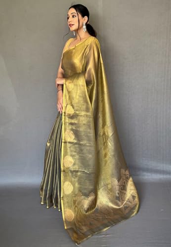 Image of SWORNOF Gold-Toned Woven Design Silk Zari Tissue Saree | Saree for Women | Soft and Skin Friendly