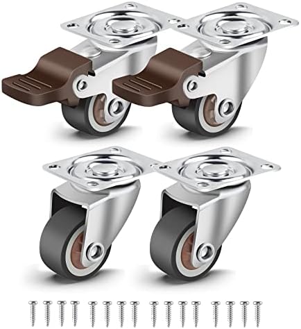 Nefish 4 Pack 1" Small Caster Wheels for Furniture Low Profile Soft Rubber Casters Swivel Plate Castors Rolling Smooth, Load Capacity 100 Lbs for Set of 4 (2 with Brake and 2 Without)