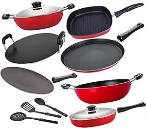 Nirlon Non-Stick Dishwasher Safe Aluminium Cookware Utensil Combo Gift Set Offer with Spoon-10 Pcs [FT12_CT12_FP12_KD12_DKD(B)_RT_GP24_3SPN]