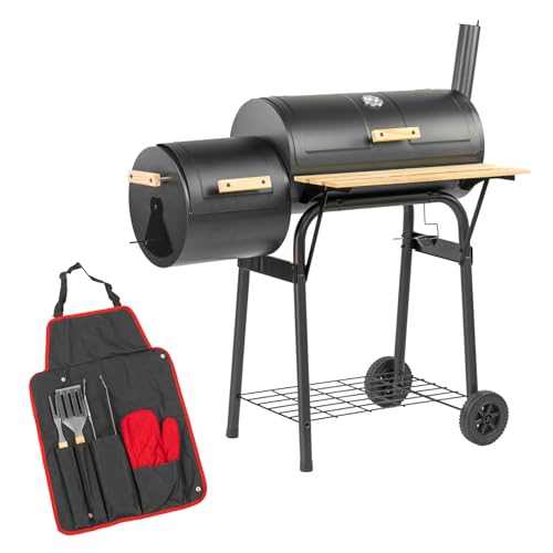 KCT Outdoor Multifunction BBQ Smoker with Multi Tool Set - Portable Grill with 2 Cooking Chambers Shelves and Intergrated Thermometer for Garden Patio
