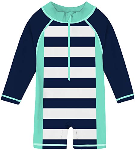 Funnycokid UPF 50+ Baby Boys Long Sleeve Sunsuit Swimwear Green Striped Toddler Zip Rash Guard Swimsuit 12-18 Months