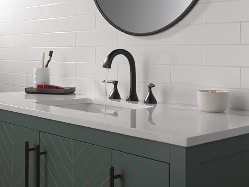 Image of Delta Bonacci Matte Black Bathroom Faucet 3 Hole, 8 Inch Widespread Bathroom Sink Faucet for Vanity, Metal Push-Pop Drain Assembly, Matte Black 3545-BL-DST