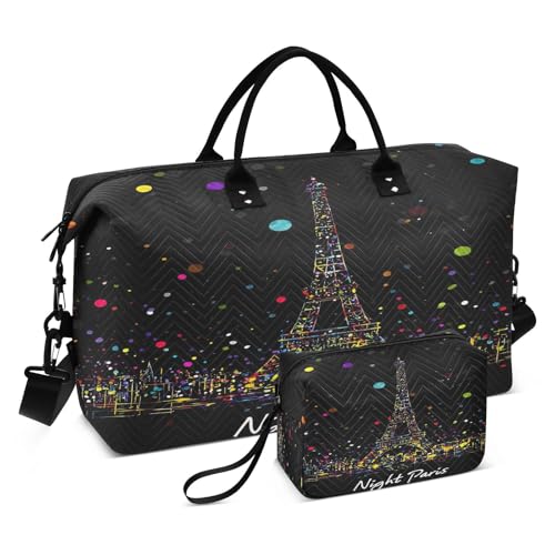 Paris Eiffel Tower Polka Dots Colorful Large Travel Duffle Bag Weekender Overnight Bags Gym Yoga Bag for Women Men with Toiletry Bag