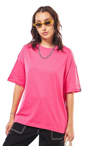 Image of Bewakoof Women's Solid Oversized Fit Half Sleeve Round Neck Cotton Jersey T-Shirt