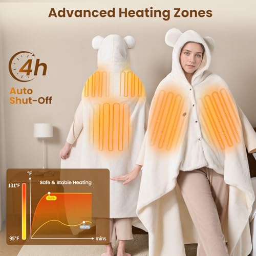 Image of Bearbug Cordless Heated Blanket 50 inch x 70 inch, Portable Wearable Electric Heated Blanket Shawl Hoodie Battery Operated with Car Charger, DC Adapter, 3 Heating Level, Machine Washable
