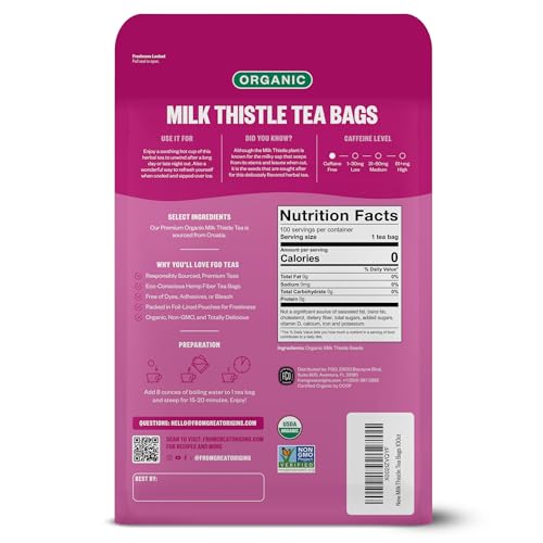 Image of FGO Organic Milk Thistle Tea, 100 Count, Eco-Conscious Herbal Tea Bags, Resealable Bag, Caffeine Free, Packaging May Vary (Pack of 1)