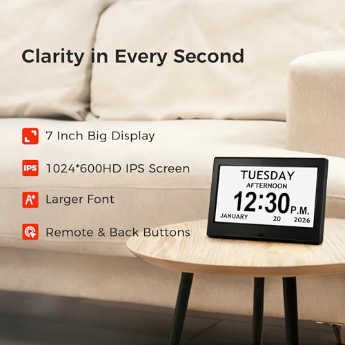 Image of Pastigio 7'' Digital Clock, Dementia Clock with Date and Time, 10 Reminders, 6 Alarms, Auto-Dimming, Auto DST, Remote Control, Large Display Alarm Clock for Seniors, Elderly Must Haves Gifts