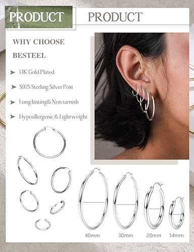 4 Pairs Sterling Silver Post Hoop Earrings for Women - Small 14K Gold Plated Hoop Earring Set , Hypoallergenic Lightweight Thin Silver Hoops for Sensitive Ears- Medium Big Stack Earrings for Women Gift3