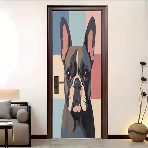 Pegatina Decorativa 3D Para Puerta 86x200 cm Animal De Dibujos Animados Bulldog FrancéS Vinilo Autoadhesivo Pegatinas para Puertas Multicolor Impermeable para Dormitorio BañO, Cocina Y Oficina