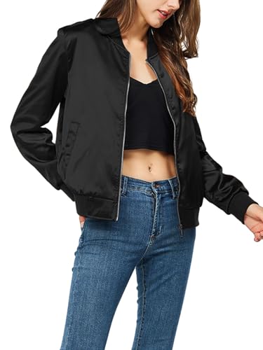 Satin Bomber Jacket Women Casual Fall Varsity Jackets Zip Up Outerwear Windbreaker with Pockets4