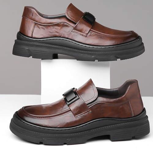 Image of Men's Leather Round Toe Platform Slip-On Oxford Shoes,Fashion Metal Decoration Business Loafers Casual Formal Work Driving Shoes