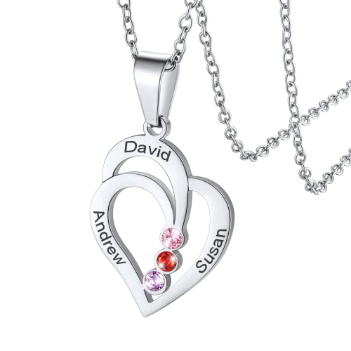 Silvora Collier 3 Prenoms Acier Pendentif Personnalisable Femme Enfant Coeur Gravé Pierre de Naissance Chaine pour Maman Argenté Bijoux Cadeau Noël Fête des Mères Pères Mariage Valentin Cover