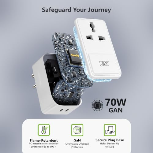 Image of MX 70W 3-in-1 Universal Travel Adapter with Indian Plug, GaN USB-C PD Fast Charger, Dual USB-C Ports, 2500W Universal Socket for Mobile, Laptop, MacBook, iPhone, Samsung, Tablet, Home & Office