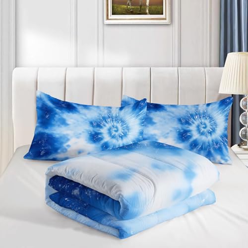 Image of AILONEN Tie Dye Comforter Queen Size with 2 Pillowcases,Blue and White Swirl Bedding Set 3Pcs,Tie-Dye Spiral Quilt Set for All Season,Ultra Soft Lightweight Microfiber