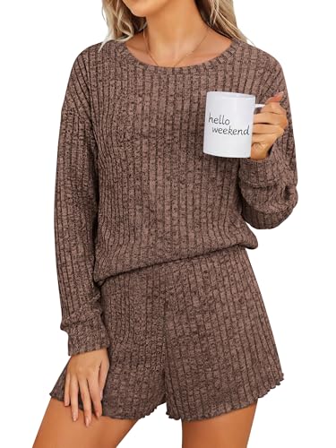 ANRABESS Women's 2 Piece Lounge Pajama Sets Casual Ribbed Long Sleeve Top Matching Shorts Sleepwear PJ Set 2025 Fall Outfits2