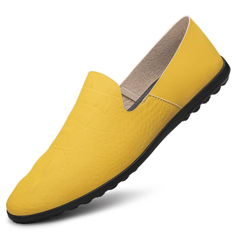 Loafers for Men Round Toe Faux Leather Loafer Shoes Flexible Anti-Slip Resistant Casual Wedding Slip On(Yellow,10)