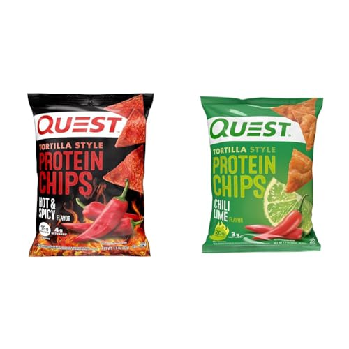 Quest Nutrition Tortilla Style Protein Chips, Hot & Spicy, 19g of Protein, 4g Net Carbs, Gluten Free, 1.1 Ounce (Pack of 12) & Tortilla Style Protein Chips, Chili Lime, Baked, 1.1 Oz, Pack of 12