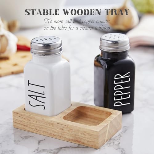 Image of Store2508 Salt and Pepper Shaker Set with Wooden Tray | Farmhouse Style Salt Pepper Dispensers with Screw-On Lids | BPA-Free Seasoning Containers for Kitchen Dining Table