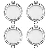 WANDIC Rhinestone Photo Charm, 4Pcs Round Shaped Double Buckle Crystal Photo Pendant Bridal Wedding Bouquet Charms Memory Lockets for 2 Pictures