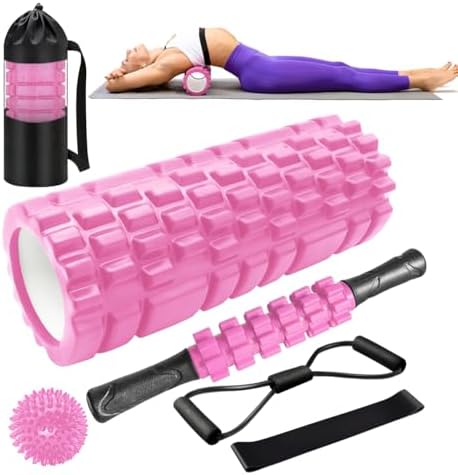 Faszienrolle, Qveetry 6 in 1 Foam Roller Faszienrolle Sets mit Massageroller Stab, Widerstandsbänder Krafttraining, Massageball, Fitnessbänder, 33cm Schaumstoffrolle für Yoga Pilat