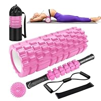 Faszienrolle, Qveetry 6 in 1 Foam Roller Faszienrolle Set mit Massageroller Stab, Widerstandsbänder Krafttraining, Massageball, Fitnessbänder, 33cm Schaumstoffrolle für Yoga Pilates, mit Poster (Rose)