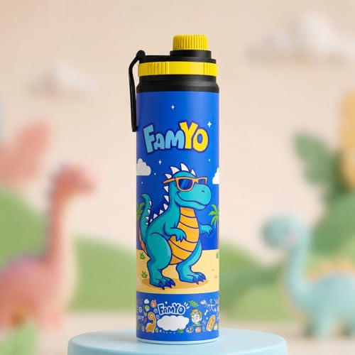 Image of Famyo Stainless Steel Unisex Kids Water Bottle, 900ml (Rexy Dino) | Leakproof Sipper with Carry Loop, BPA Free, Personalizable Name Space, School, Outdoor & Travel, 4-15 years