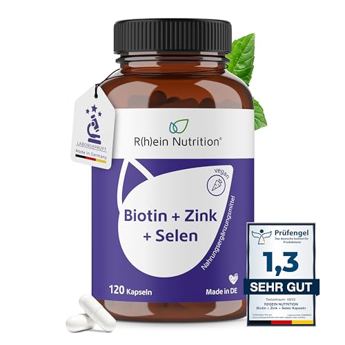 Biotin Hochdosiert + Zink + Selen Kapseln - Haut Haare Nägel Kapseln - 120 Kapseln 4 Monate Vorrat - Haar Vitamine - Vegan Ohne Zusätze in Deutschland hergestellt - Rhein Nutrition