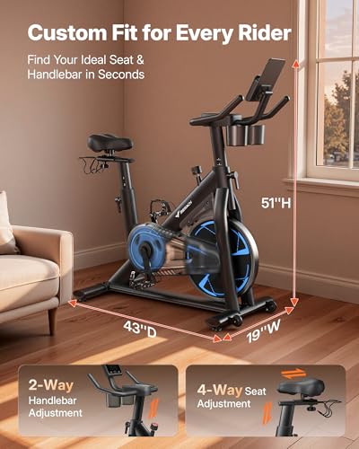 Image of Merach Magnetic Exercise Bike, Low Noise Stationary Bike for Home with Comfortable Seat Cushion, Spinning Bike with 330 lb Weight Capacity, Exclusive App, Tablet Mount and Fitness Courses