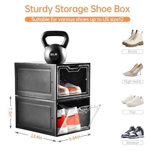 Image of Stebopum 12 Pack Shoe Boxes Organizer, Magnetic Door Shoe Storage Boxes, Clear Sneaker Storage Box for Women /Men, Fit up to US Size 12
