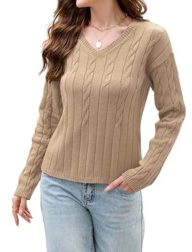 ZAFUL Women's V Neck Cable Knit Sweater 2025 Fall Pullover Long Sleeve Ribbed Loose Top Casual Outfits