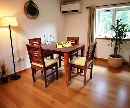 Image of Sheesham Wood Oval Dining Table with Cushion Chairs Set for Home Hall | Solid Wood Dinner Table with Chairs for Hotels | Dining Room Sets (Natural Finish 2, 4 Seater)