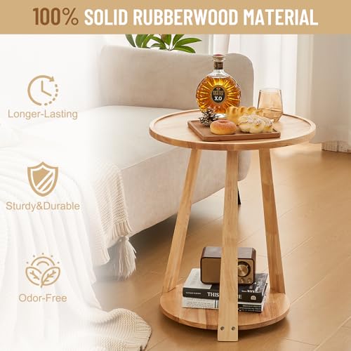 Image of Uniclinens Wood Round End Table - Small Round Side Table with Lower Shelf for Living Room Sofa Couch, Bedroom Wooden Nightstand, Walnut