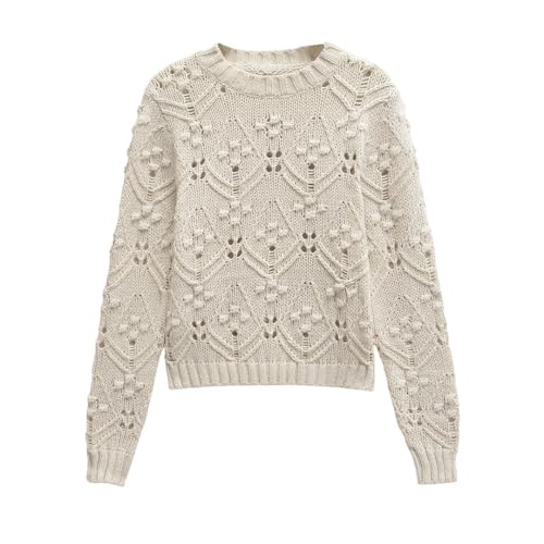 Women's Lace Knit Pullover - O-Neck Beige Fall Long Sleeve