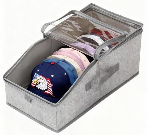 ESPETIO Stackable Hat Storage for Baseball Caps Clear Window Lid Large Space-Saving Hat Organizer for Closet, RV,Clothing Shelf, Sturdy Snapback Boxes Made of Breathable Fabric
