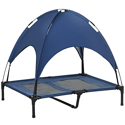PawHut Erhöhtes Hundebett mit Baldachin, Haustierbett, Hundeliege Outdoor mit Dach, Atmungsaktiv, Taftstoff für Camping Dunkelblau 92 x 76 x 90 cm
