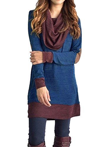 Image of Famulily Women's Cowl Neck Tops Two Tone Color Block Pullovers Elbow Patchs Loose Long Tunic Blouse