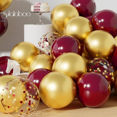 Image of Metallic Burgundy and Gold Balloons 12 Inch 73PCS Gold Maroon Confetti Latex Balloons Shiny Helium Balloon Set for Birthday Party Anniversary Graduation Decorations
