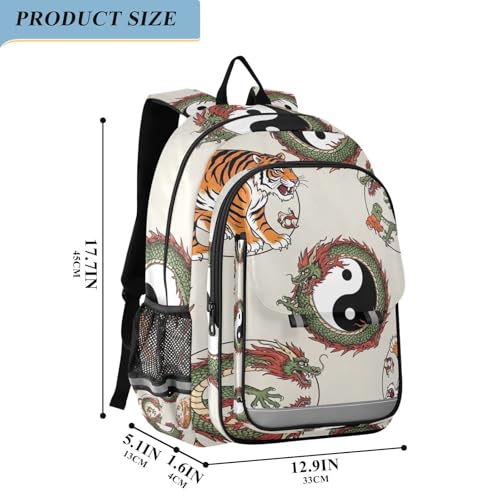 Orange Tiger Chinese Dragon Kids Backpack for Girls Boys, Front Flap School Bag, 17 Inch Heavy Duty Backpack for Kids, Age 6-122