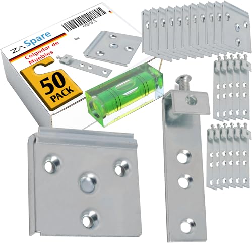 ZASPARE-Colgador Muebles Cocina y Anclaje Mueble Pared–Herraje para Anclaje Cabecero Cama y Anclaje Estanteria Pared–Soporta 50kg, Ajuste de Altura–Colgador Armario Pared–Incluye Mini Nivel (Pack 50)