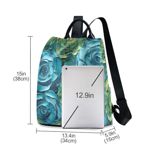KLL Stereo Roses Blue-green 3d Stereoscopic Style Fashion carry on backpack casual backpack for women travel for Daily College Shopping with Pom-pom keychain3