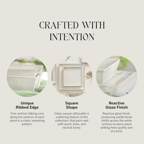 Image of Stone Lain Grace Stoneware 12-Piece Modern Square Dinnerware Set, Ribbed Plates and Bowls Set, White