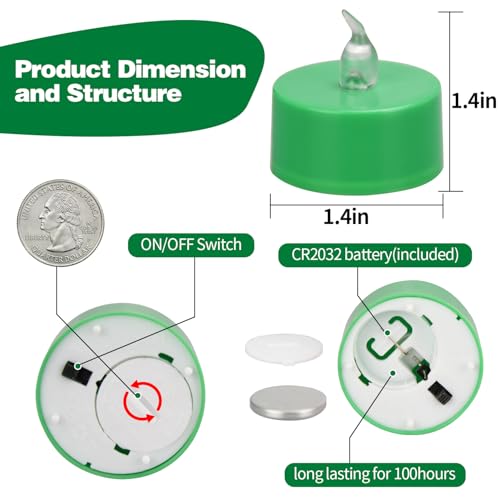 Image of KOABY 12 Pack Green Light Flameless Tea Lights, Green Base, Last 100H | for Decor