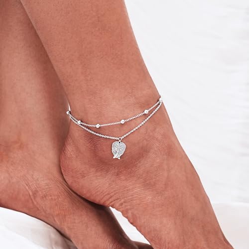 Image of CHIC & ARTSY 925 Sterling Silver Ankle Bracelets for Women, Dainty Adjustable Layered Foot Chains with Symbolic Charms, Boho Beach Everyday Lightweight Jewelry